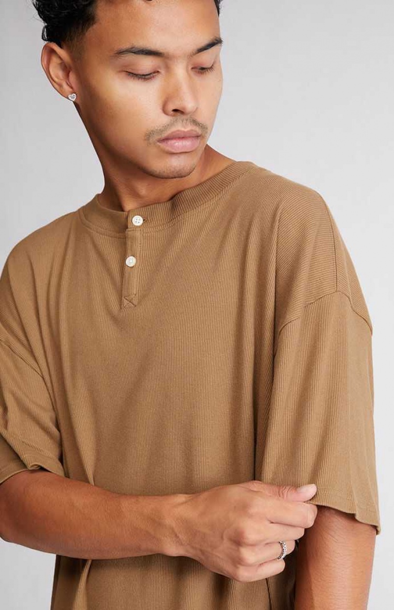 BROWN PacSun Ribbed Boxy Henley T-Shirt | FXWOAPC-54