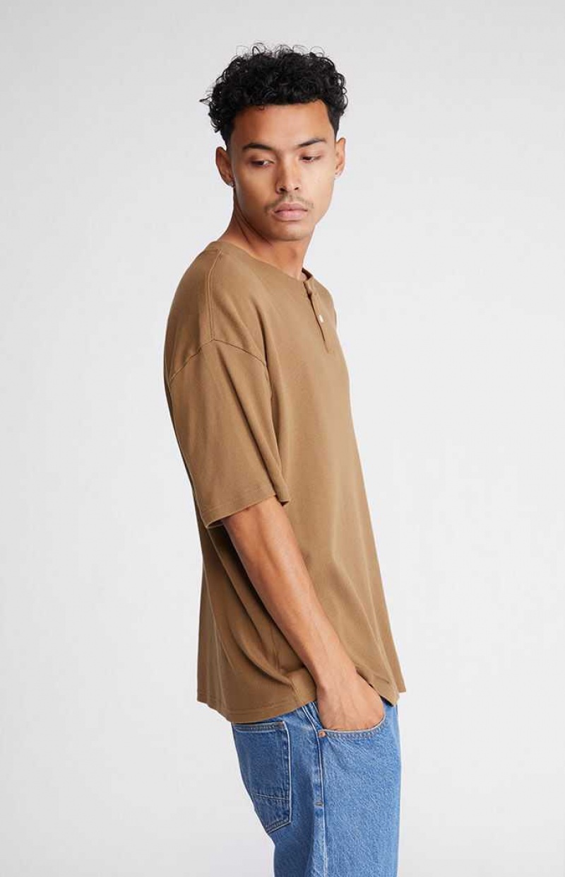 BROWN PacSun Ribbed Boxy Henley T-Shirt | FXWOAPC-54