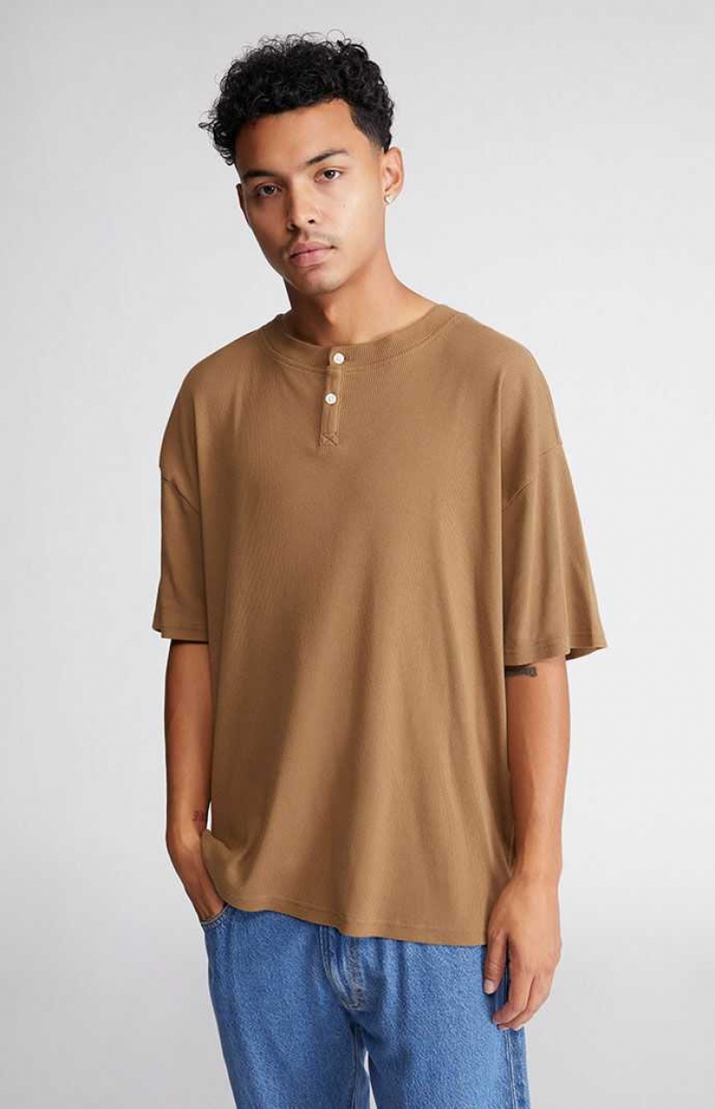 BROWN PacSun Ribbed Boxy Henley T-Shirt | FXWOAPC-54