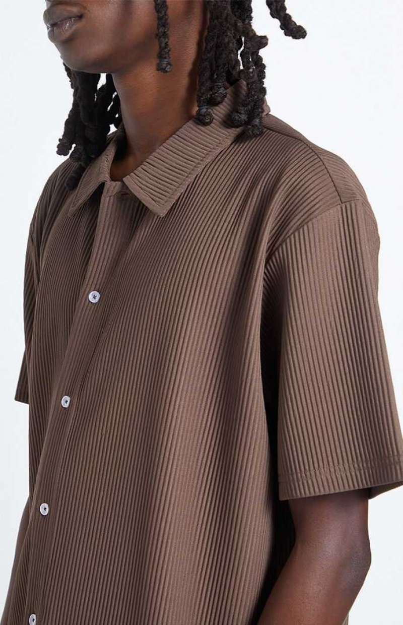 BROWN PacSun Ribbed Woven Button Down Shirt | HUCXFKL-03