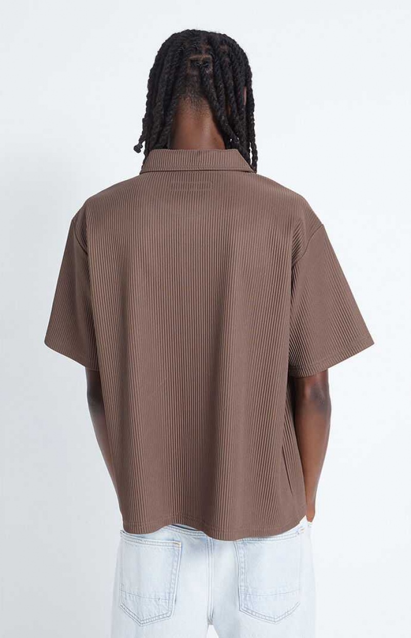 BROWN PacSun Ribbed Woven Button Down Shirt | HUCXFKL-03