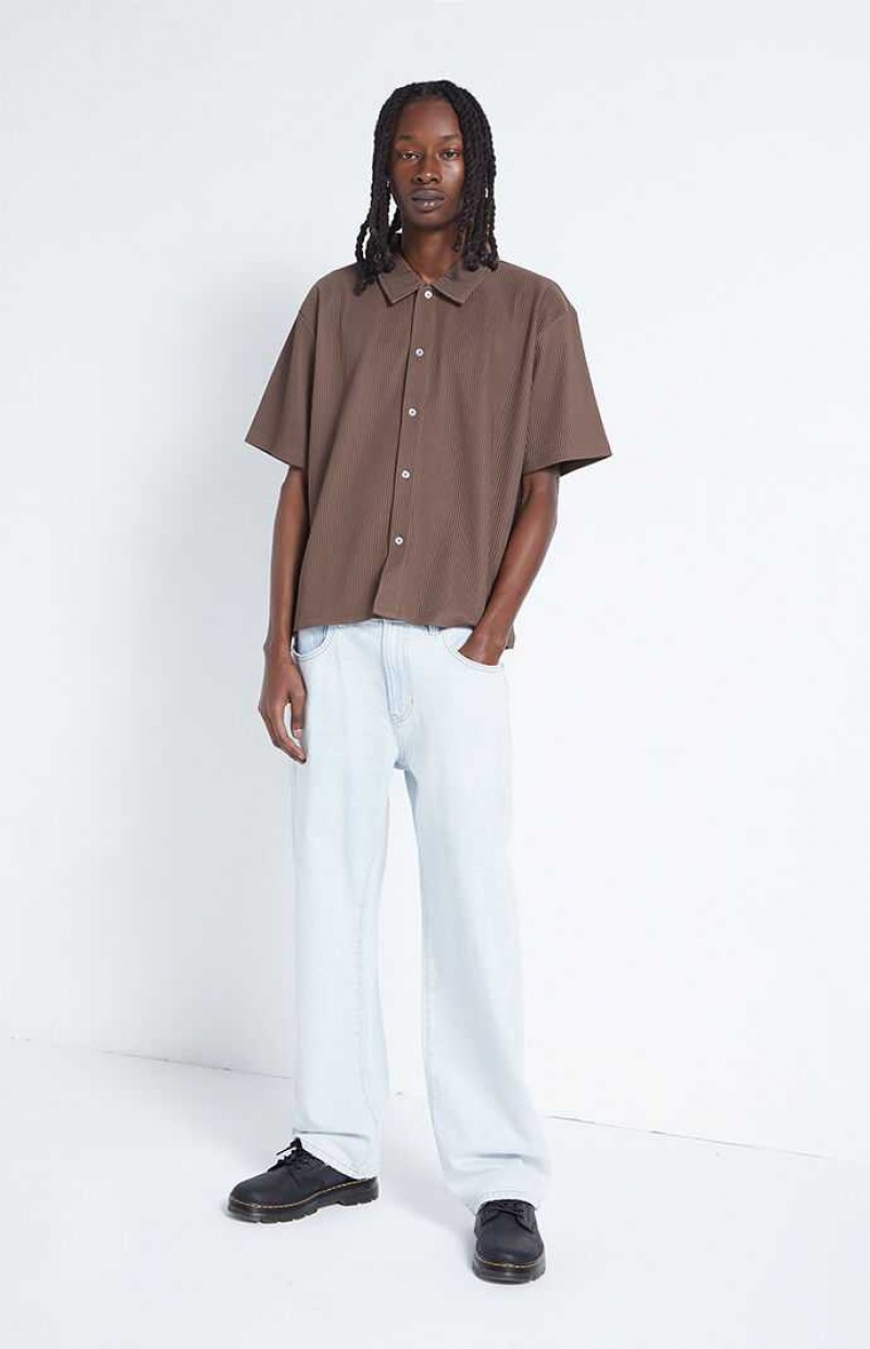 BROWN PacSun Ribbed Woven Button Down Shirt | HUCXFKL-03