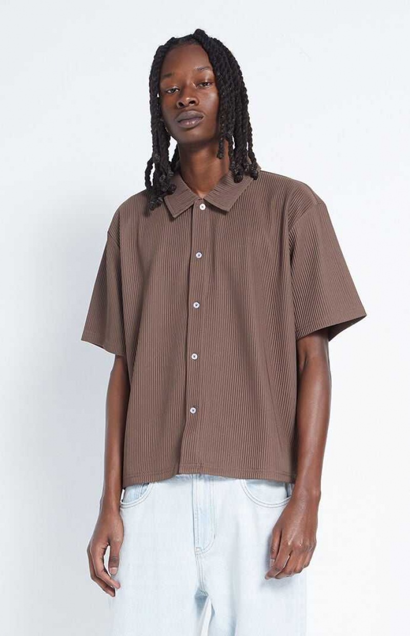 BROWN PacSun Ribbed Woven Button Down Shirt | HUCXFKL-03