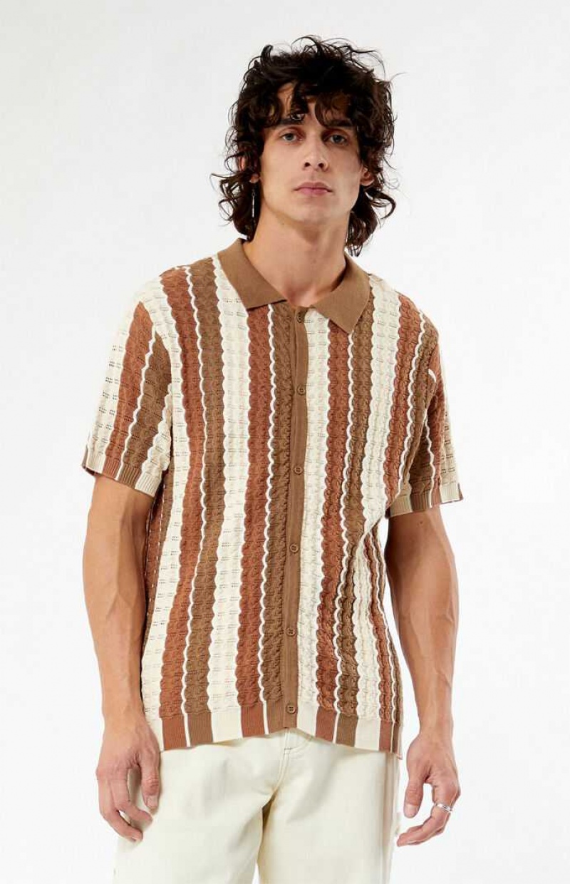 BROWN PacSun Tan Button Down Knit Polo Shirt | VGYXWBU-48