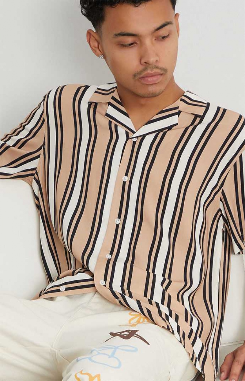 BROWN PacSun Tan Stripe Woven Camp Shirt | TOUBQGD-52