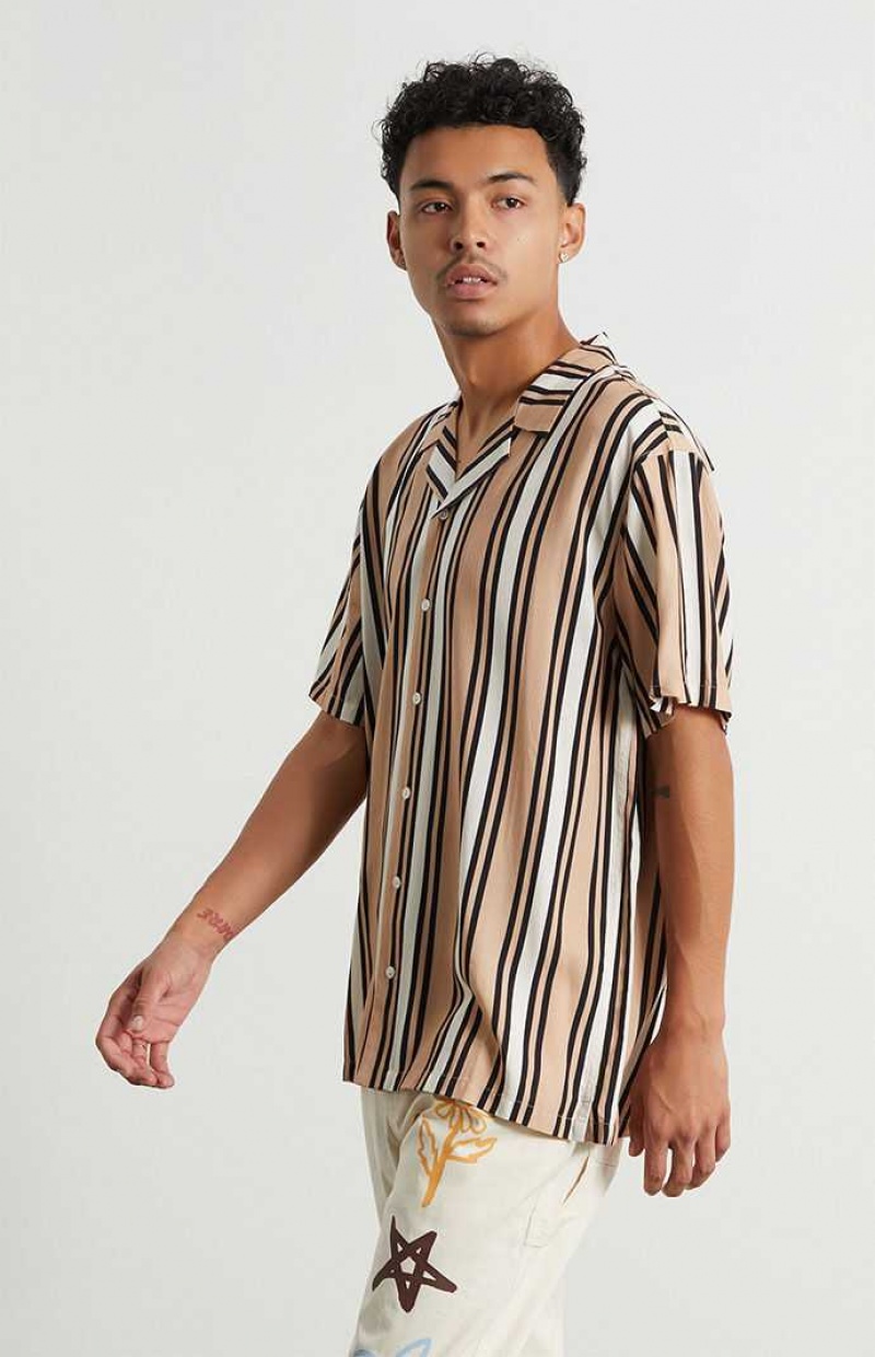 BROWN PacSun Tan Stripe Woven Camp Shirt | TOUBQGD-52