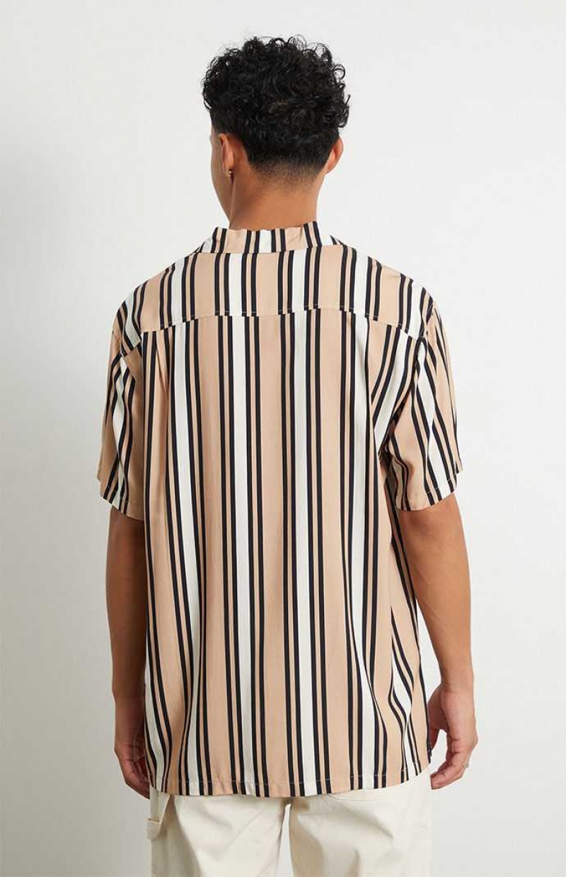 BROWN PacSun Tan Stripe Woven Camp Shirt | TOUBQGD-52