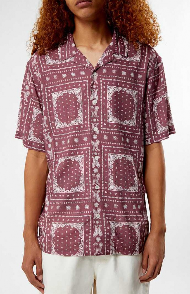 BURGUNDY PacSun Brown Paisley Camp Shirt | PFVXGRW-17