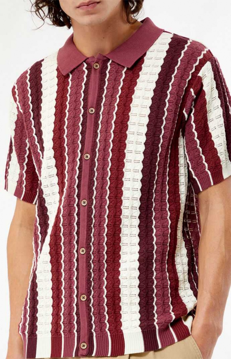 BURGUNDY PacSun Burgundy Button Down Knit Polo Shirt | LNOJRZA-56