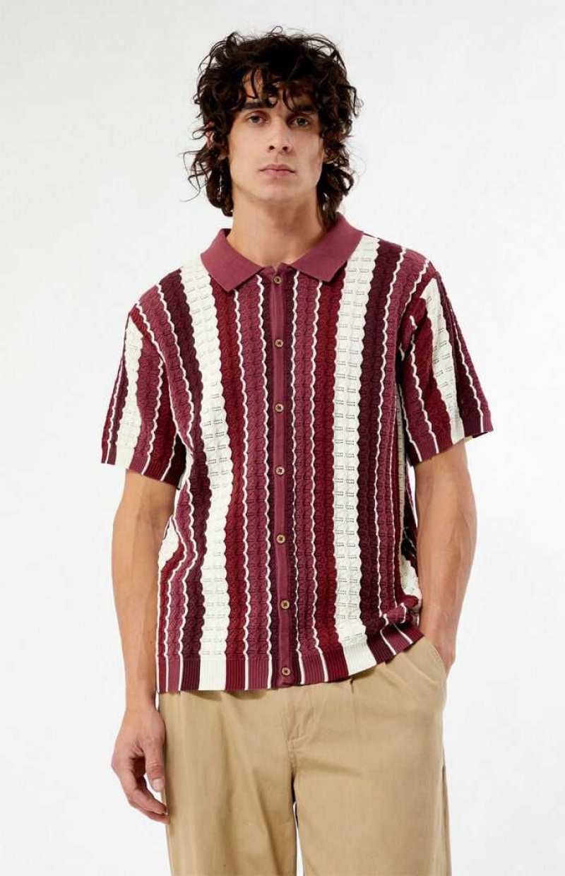 BURGUNDY PacSun Burgundy Button Down Knit Polo Shirt | LNOJRZA-56