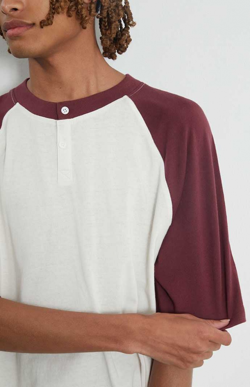 BURGUNDY PacSun Burgundy Raglan Boxy Henley T-Shirt | KHCYJEZ-92