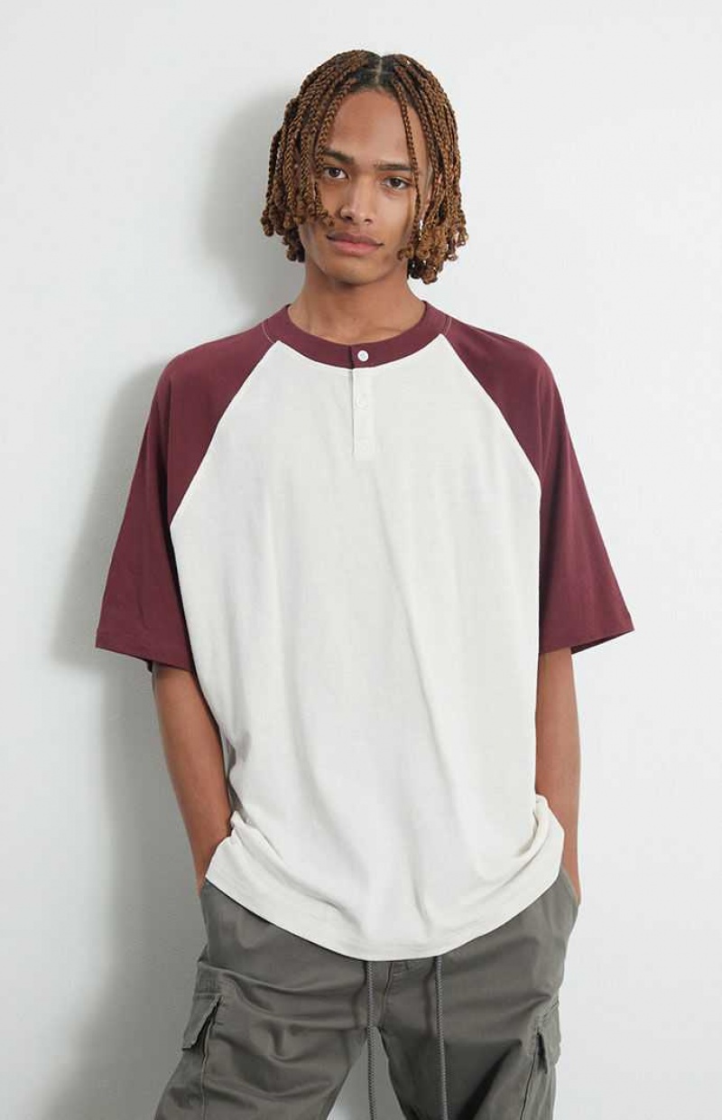 BURGUNDY PacSun Burgundy Raglan Boxy Henley T-Shirt | KHCYJEZ-92