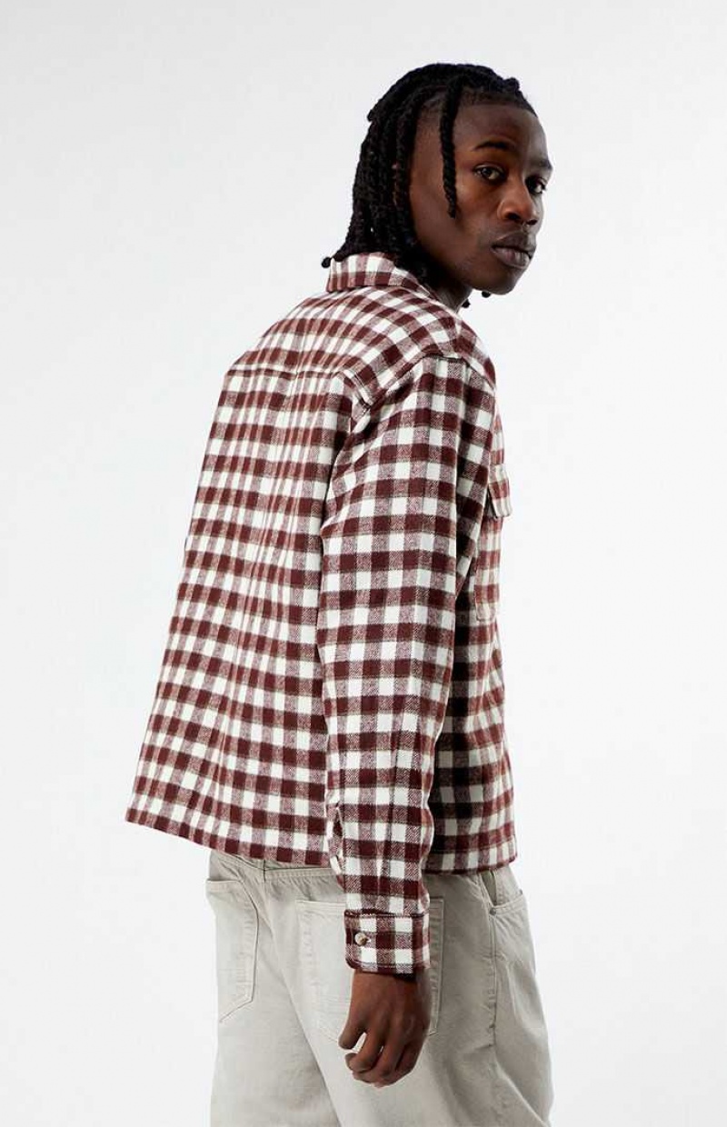 BURGUNDY PacSun Cropped Embroidered Flannel Shirt | ORSJIHA-02