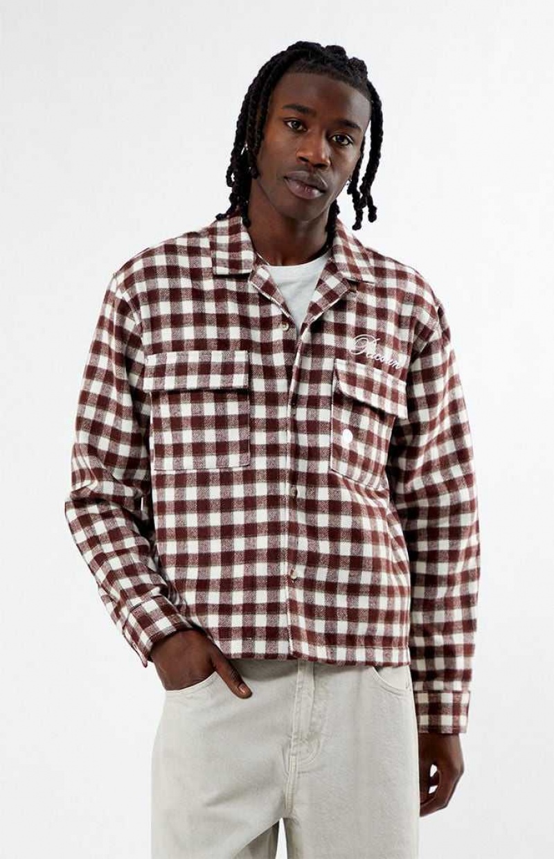 BURGUNDY PacSun Cropped Embroidered Flannel Shirt | ORSJIHA-02