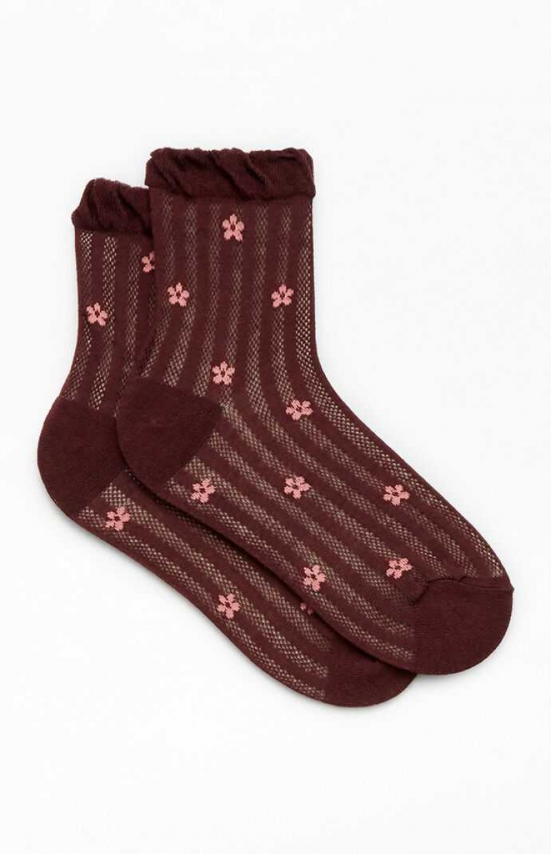 BURGUNDY PacSun Waffle Knit Daisy Ruffle Socks | MAVLQTH-19