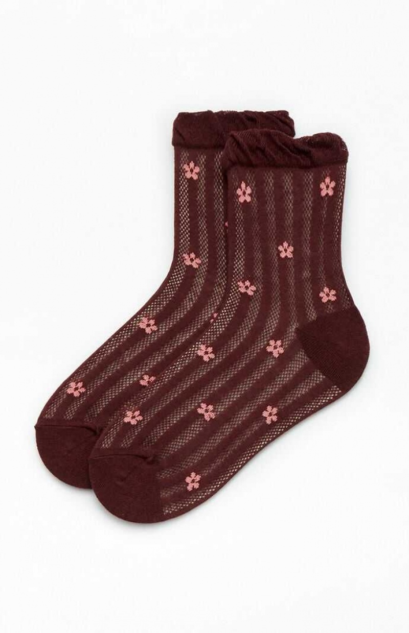 BURGUNDY PacSun Waffle Knit Daisy Ruffle Socks | MAVLQTH-19