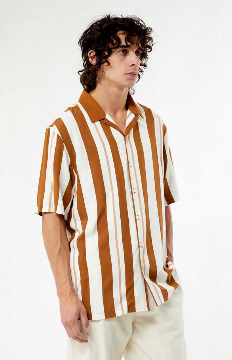 CREAM/BROWN PacSun Taupe Stripe Camp Shirt | HGEANDT-69