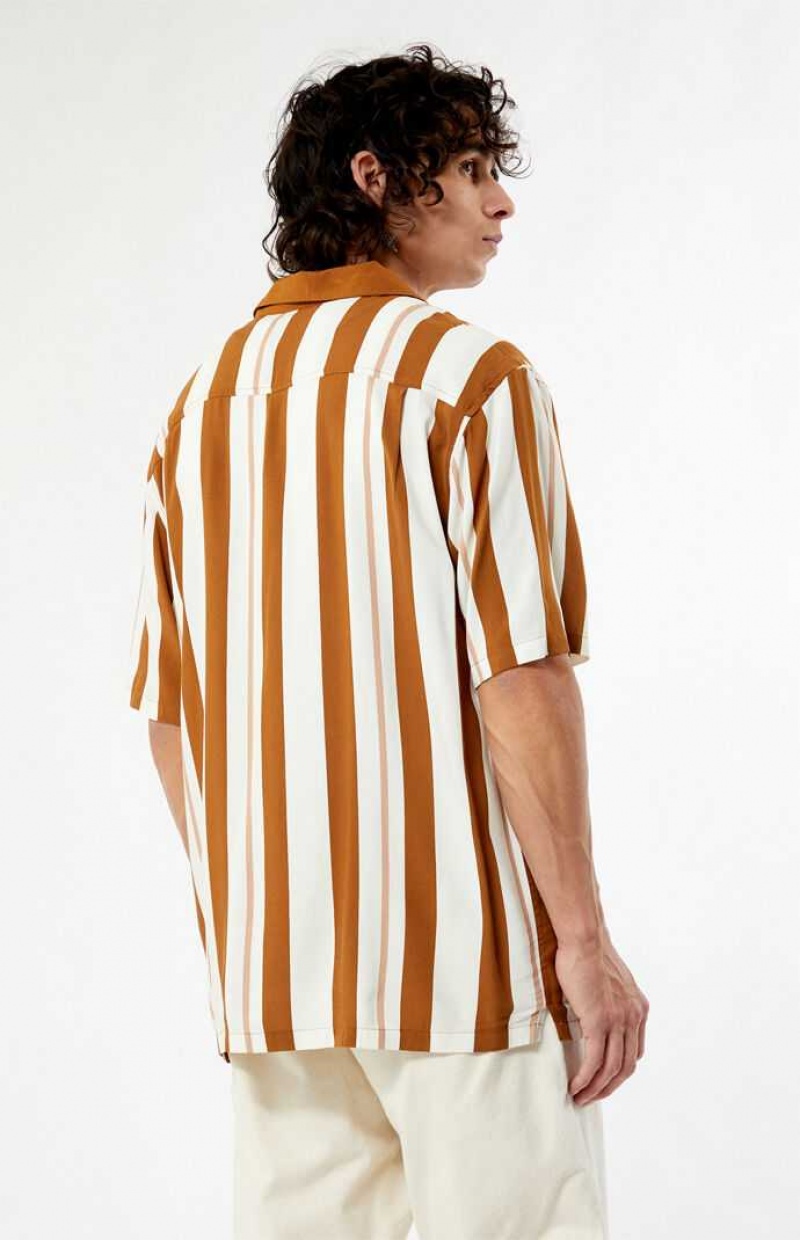 CREAM/BROWN PacSun Taupe Stripe Camp Shirt | HGEANDT-69