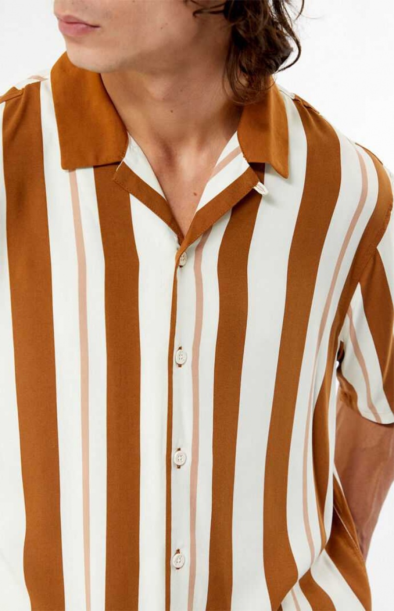 CREAM/BROWN PacSun Taupe Stripe Camp Shirt | HGEANDT-69