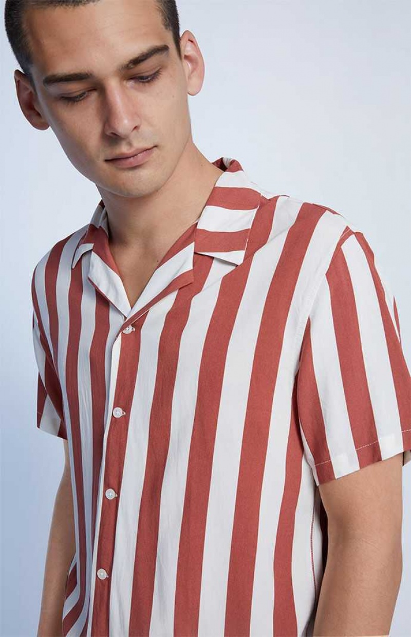 CREAM/RED PacSun Burnt Red Stripe Camp Shirt | UMFOTIK-35