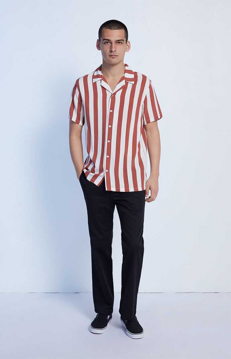 CREAM/RED PacSun Burnt Red Stripe Camp Shirt | UMFOTIK-35