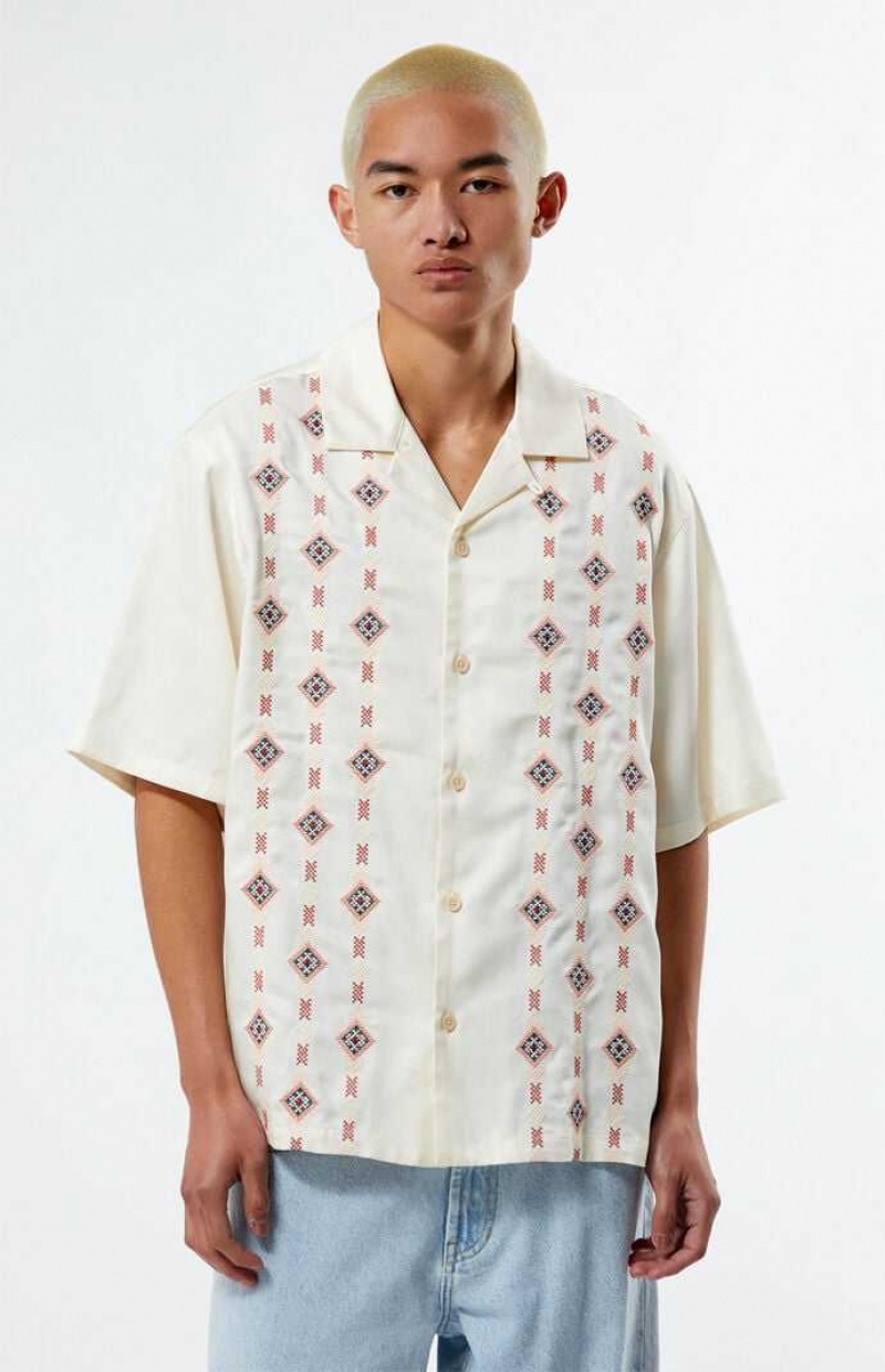 CREAM PacSun Archie Embroidered Oversized Camp Shirt | NSHDJYP-29