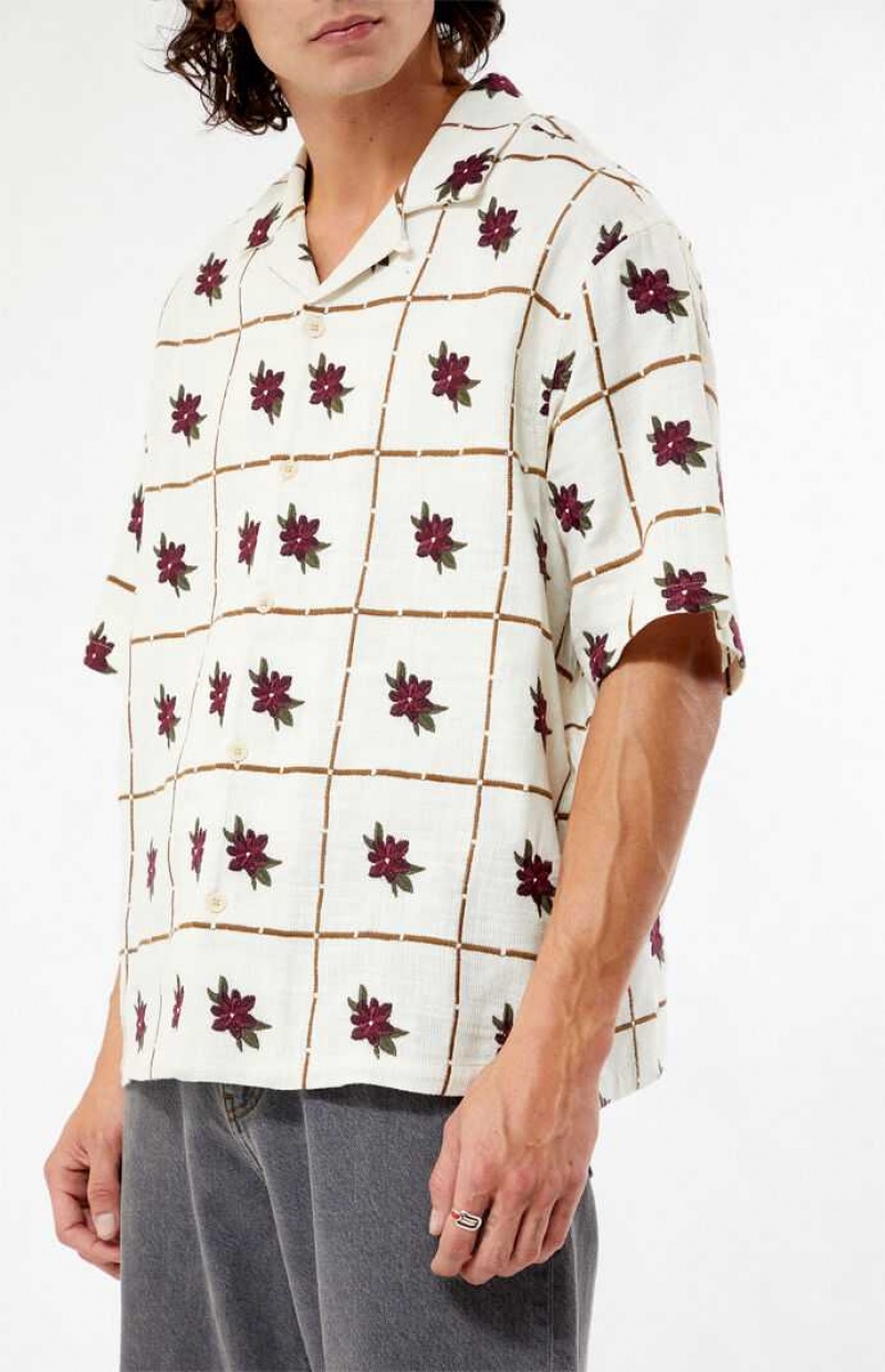 CREAM PacSun Floral Embroidered Oversized Camp Shirt | TPSUBQK-50