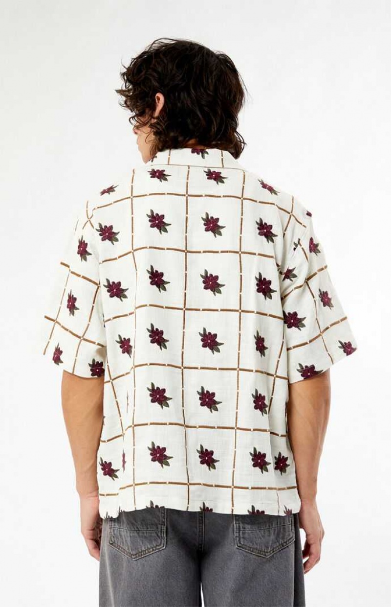 CREAM PacSun Floral Embroidered Oversized Camp Shirt | TPSUBQK-50