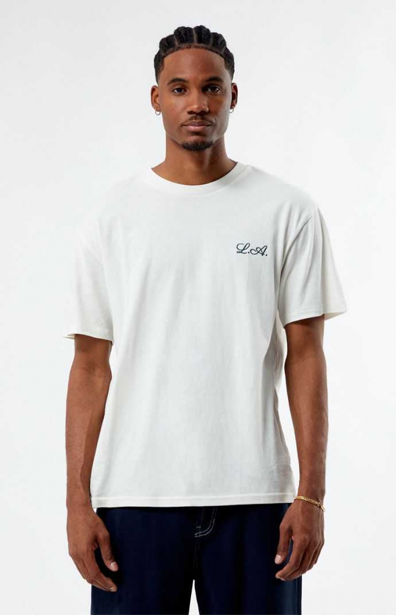 CREAM PacSun PS Basics Cursive LA Embroidered T-Shirt | YLRDQAO-05