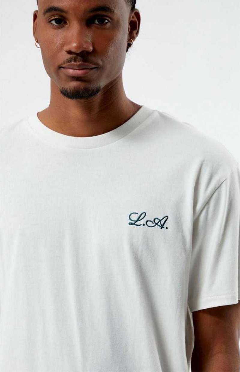 CREAM PacSun PS Basics Cursive LA Embroidered T-Shirt | YLRDQAO-05