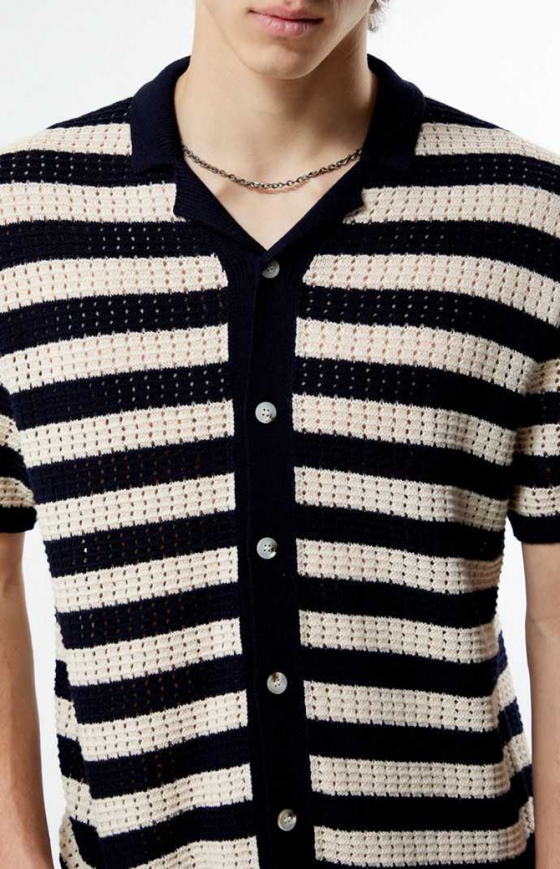 CREAM PacSun Stripe Open Knit Button Down Shirt | SHIKPUC-96