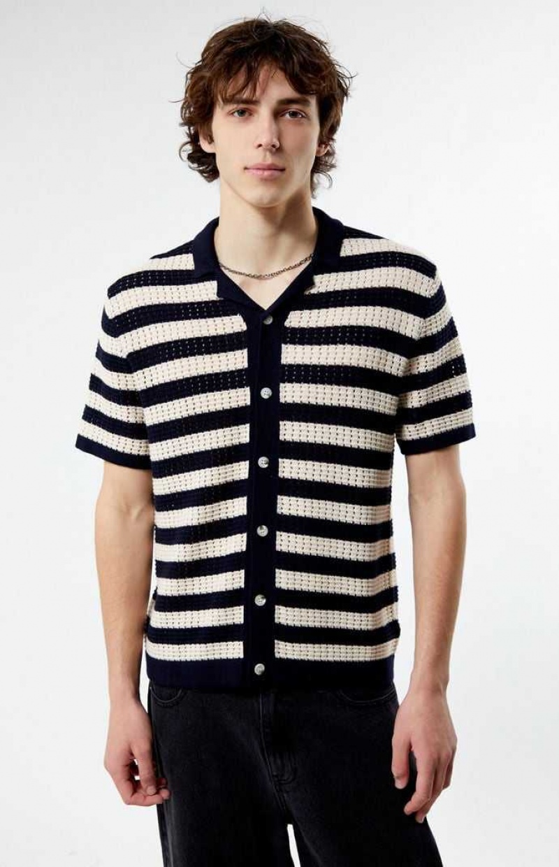 CREAM PacSun Stripe Open Knit Button Down Shirt | SHIKPUC-96