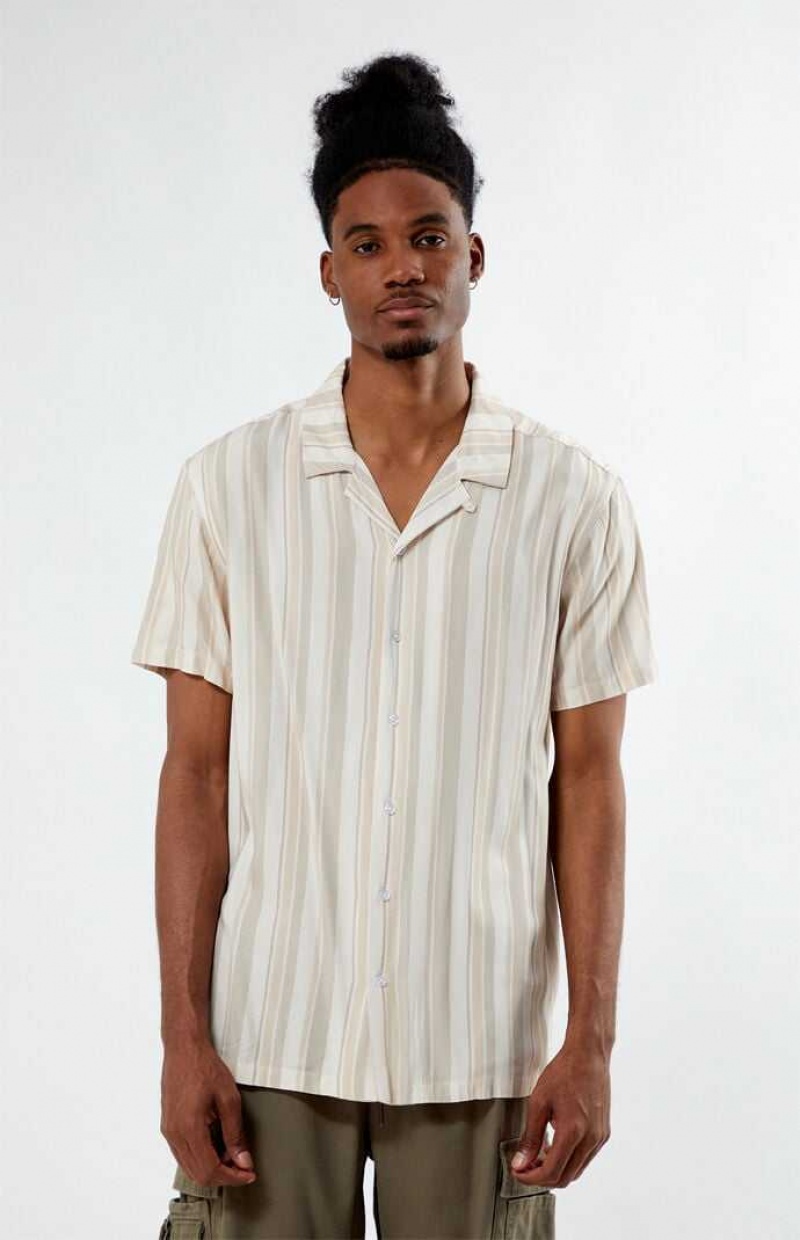 CREAM PacSun Viscose Vertical Stripe Camp Shirt | XYHOGCZ-87