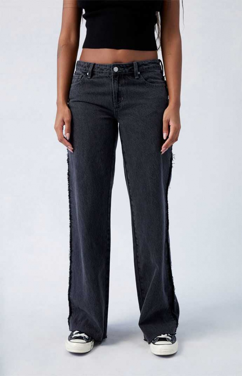 DARK INDIGO PacSun Black Frayed Wren Low Rise Wide Leg Jeans | HNGQOEP-49