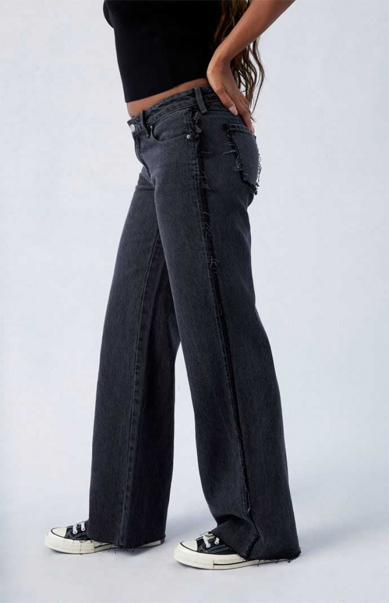 DARK INDIGO PacSun Black Frayed Wren Low Rise Wide Leg Jeans | HNGQOEP-49