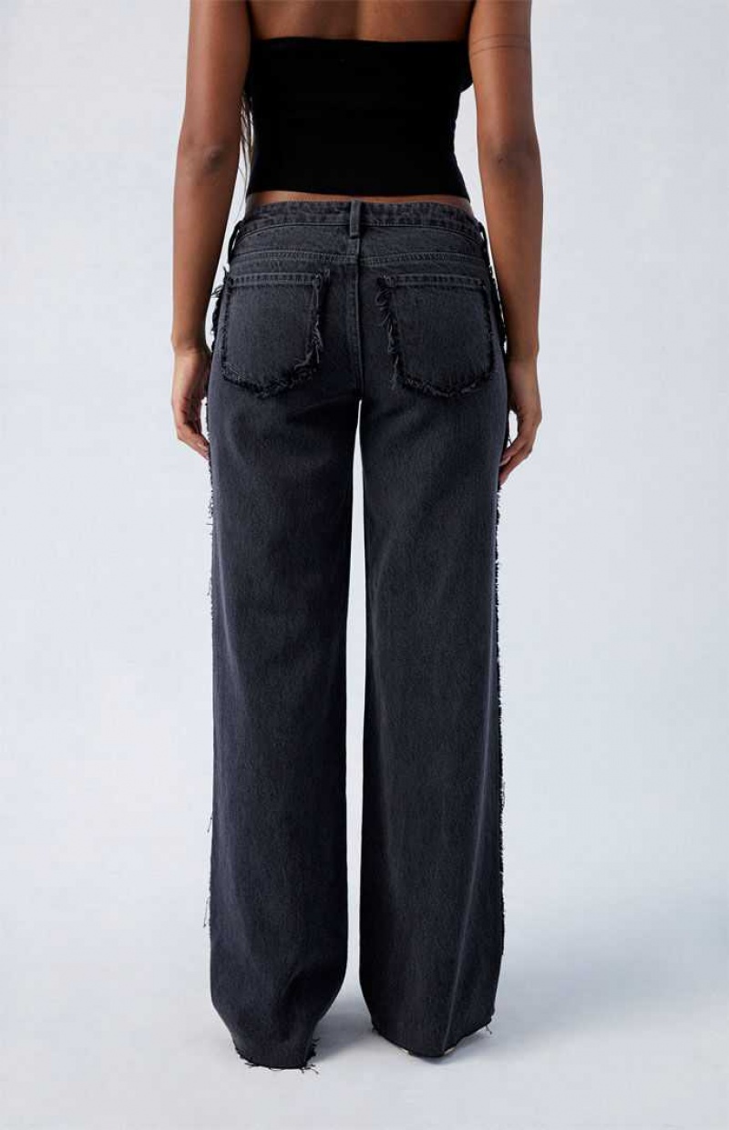 DARK INDIGO PacSun Black Frayed Wren Low Rise Wide Leg Jeans | HNGQOEP-49