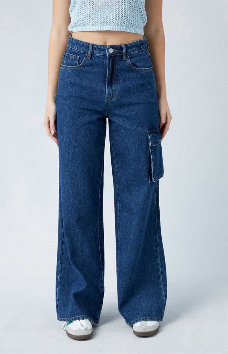 DARK INDIGO PacSun Eco Dark Indigo High Waisted Wide Leg Cargo Jeans | CFUXSMQ-90