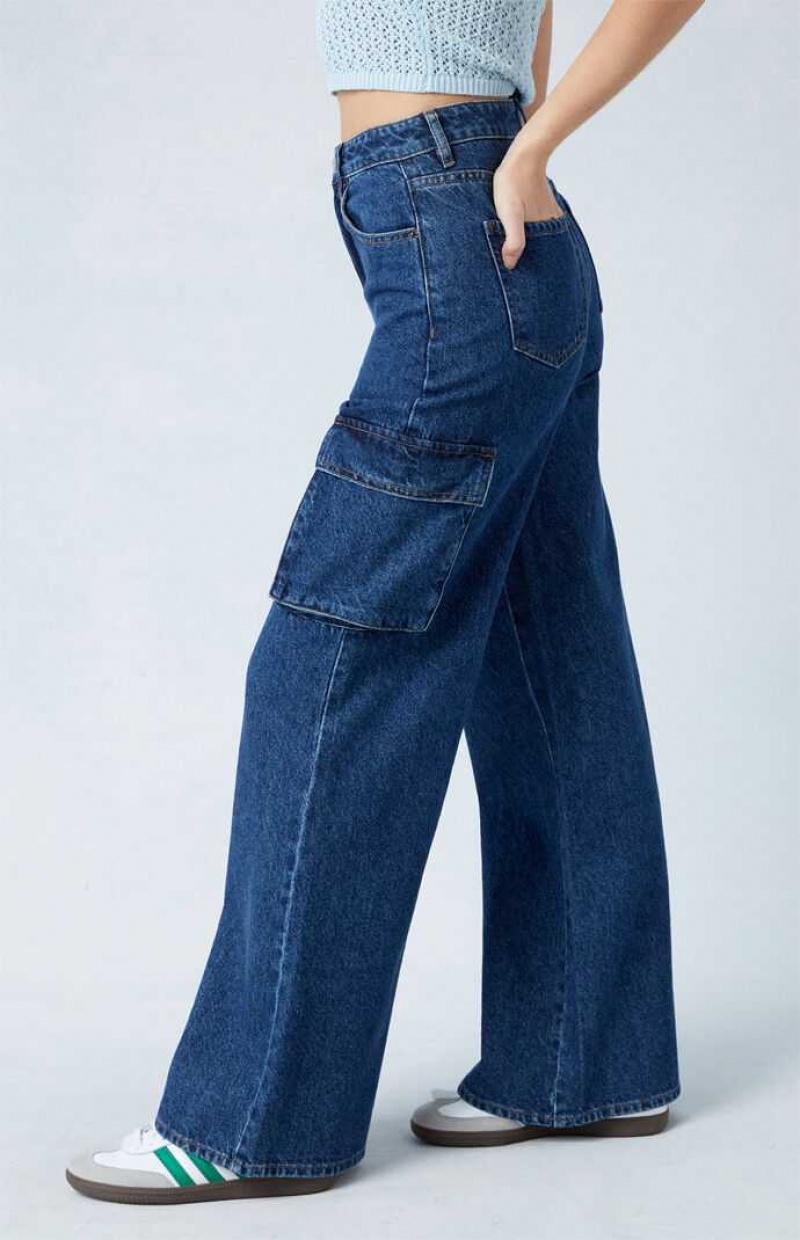 DARK INDIGO PacSun Eco Dark Indigo High Waisted Wide Leg Cargo Jeans | CFUXSMQ-90