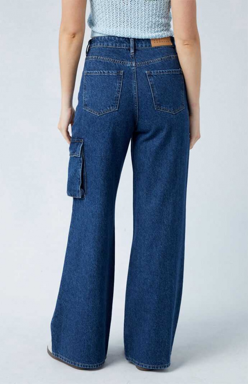 DARK INDIGO PacSun Eco Dark Indigo High Waisted Wide Leg Cargo Jeans | CFUXSMQ-90