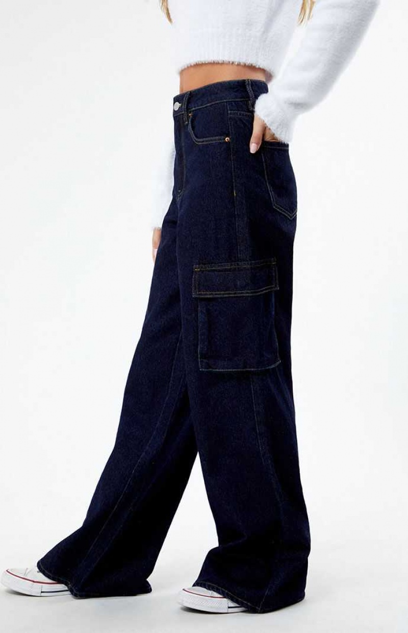 DARK INDIGO PacSun Eco Dark Indigo High Waisted Wide Leg Cargo Jeans | ZXQLNIB-40