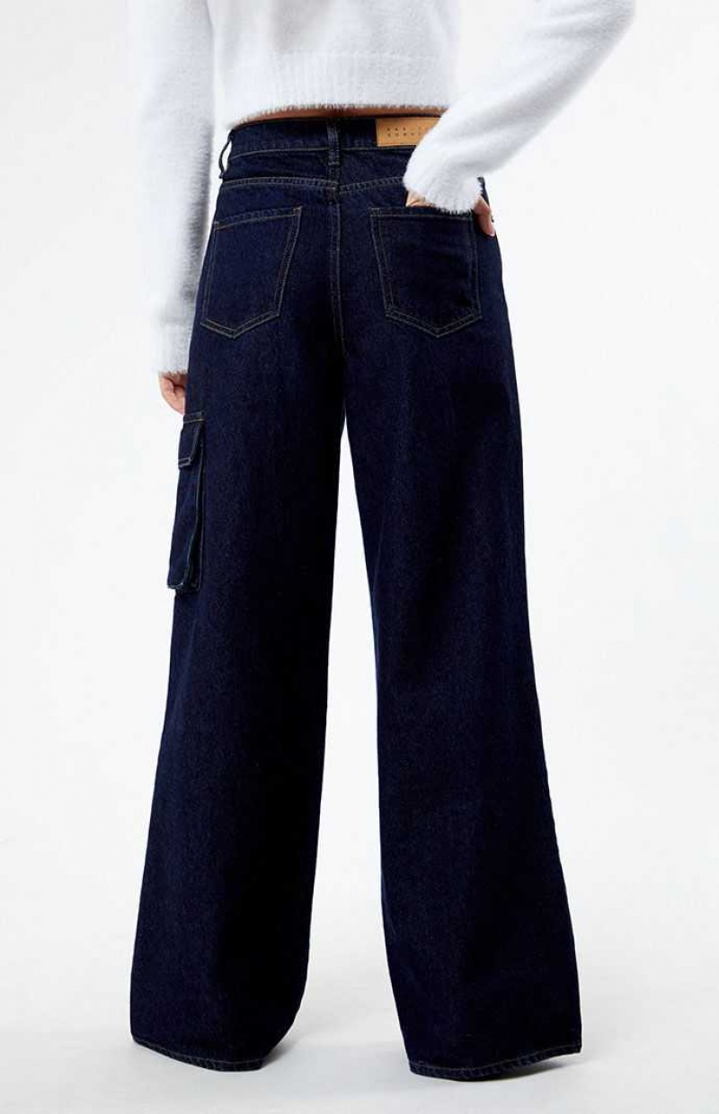 DARK INDIGO PacSun Eco Dark Indigo High Waisted Wide Leg Cargo Jeans | ZXQLNIB-40