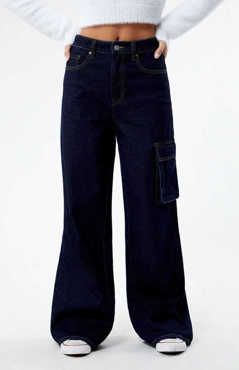 DARK INDIGO PacSun Eco Dark Indigo High Waisted Wide Leg Cargo Jeans | ZXQLNIB-40