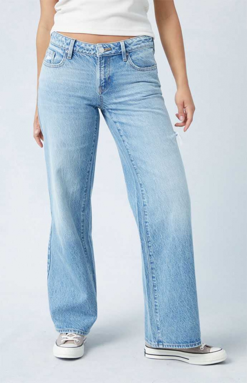 DARK INDIGO PacSun Eco Light Indigo Side Slit Low Rise Wide Leg Jeans | PFQAREG-32