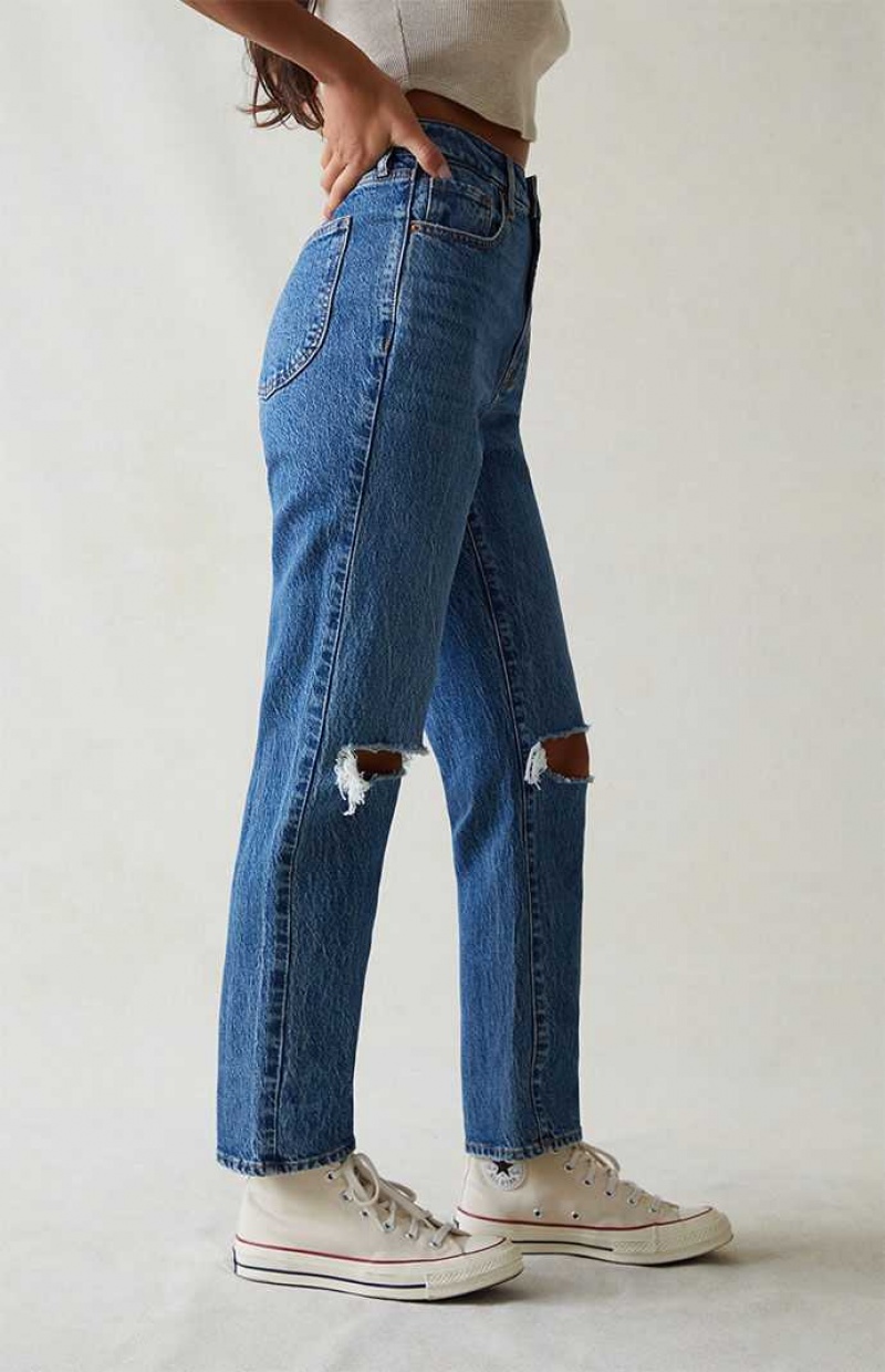 DARK INDIGO PacSun Eco Stretch Dark Blue Ripped Curve Straight Leg Jeans | OUJMARF-89