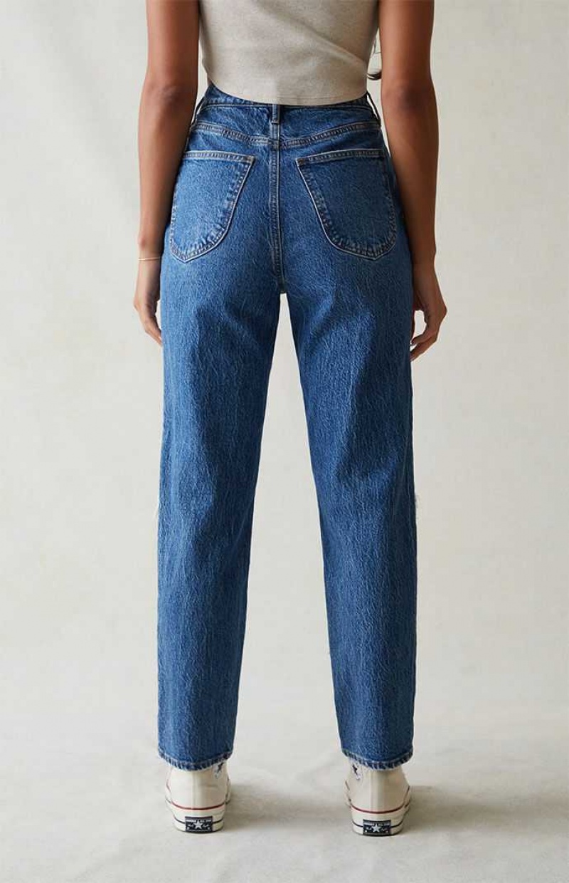 DARK INDIGO PacSun Eco Stretch Dark Blue Ripped Curve Straight Leg Jeans | OUJMARF-89