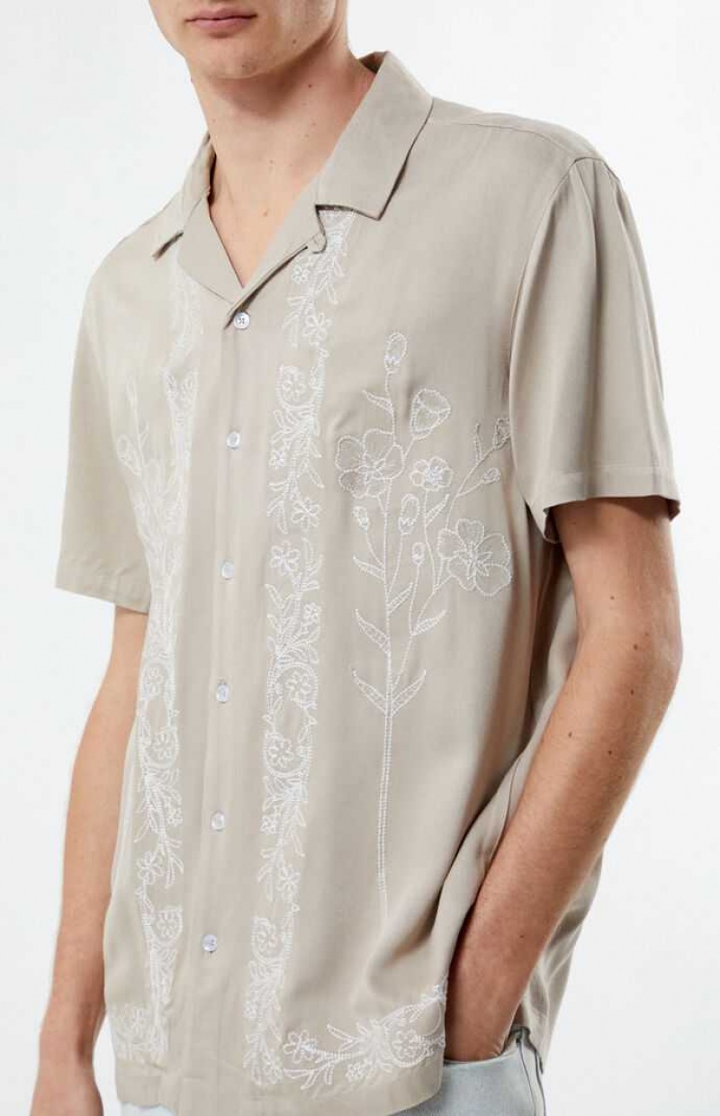 GRAY PacSun Gray Stitch Pattern Woven Camp Shirt | IWKPSZB-61