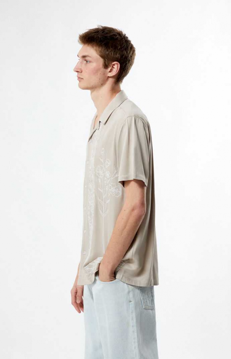 GRAY PacSun Gray Stitch Pattern Woven Camp Shirt | IWKPSZB-61