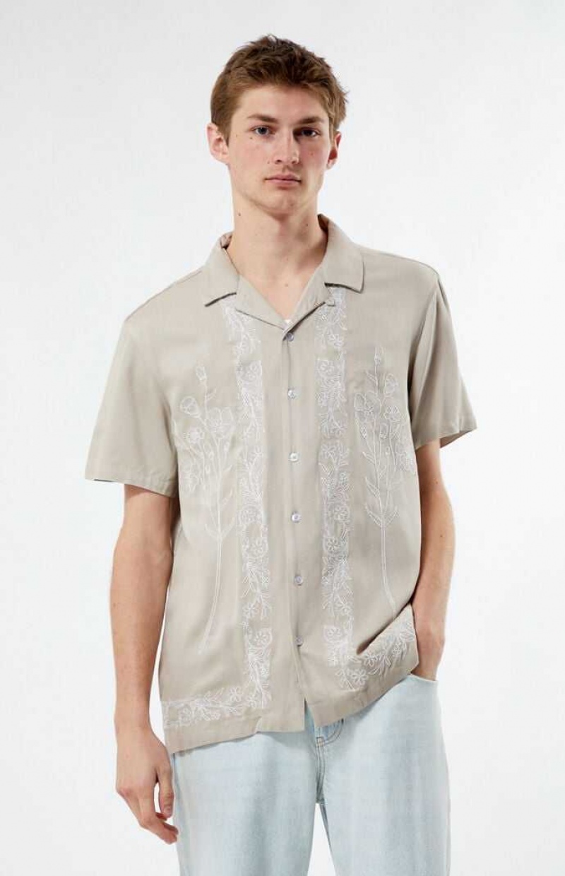 GRAY PacSun Gray Stitch Pattern Woven Camp Shirt | IWKPSZB-61