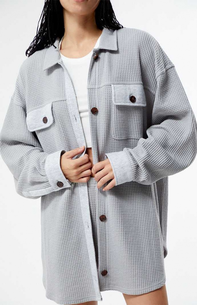 GRAY PacSun Waffle Boyfriend Button Up Lounge Shacket | GBNEXWA-65