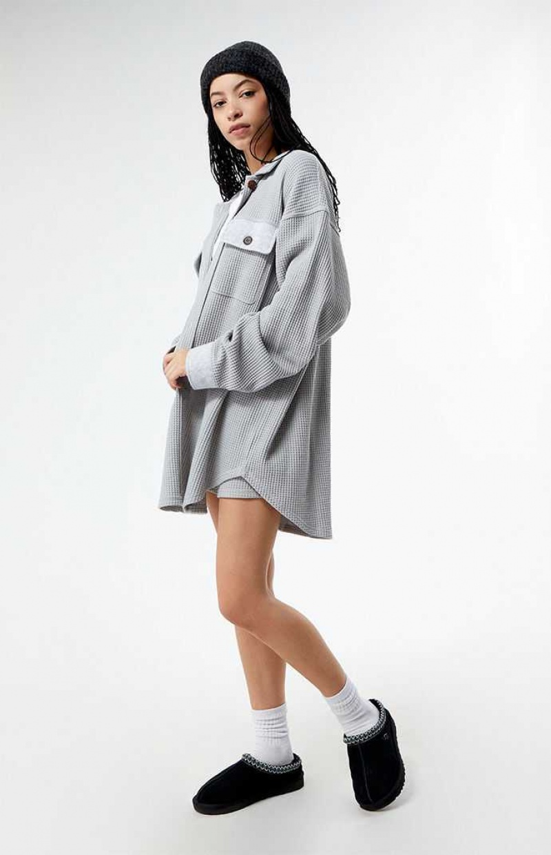 GRAY PacSun Waffle Boyfriend Button Up Lounge Shacket | GBNEXWA-65